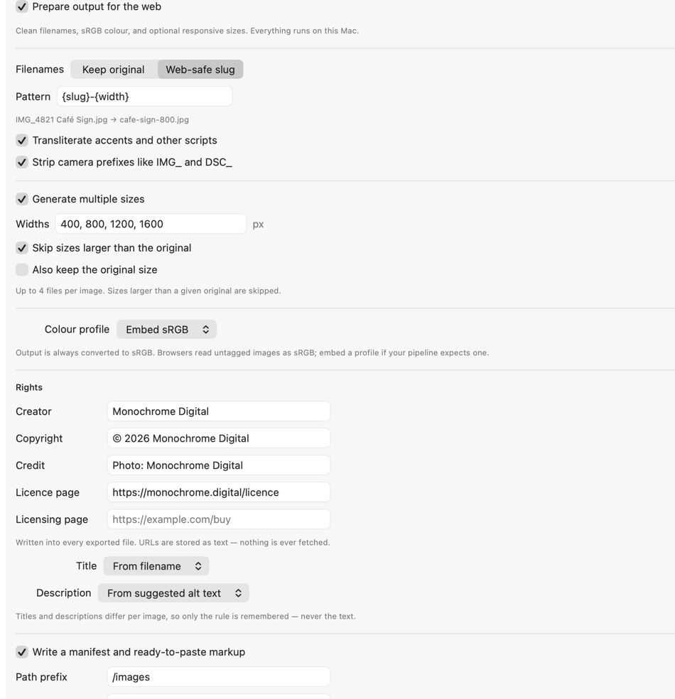 The Web Export section of Image Resizer, showing filename patterns, responsive widths, colour profile, rights fields and alt text options
